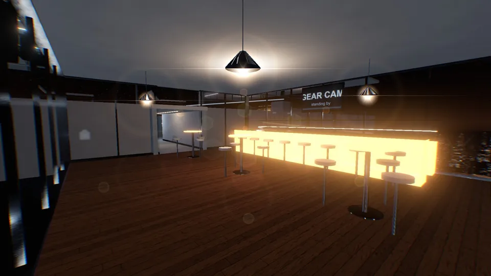 The bar: a lit back bar, stools at the counter and high tables.