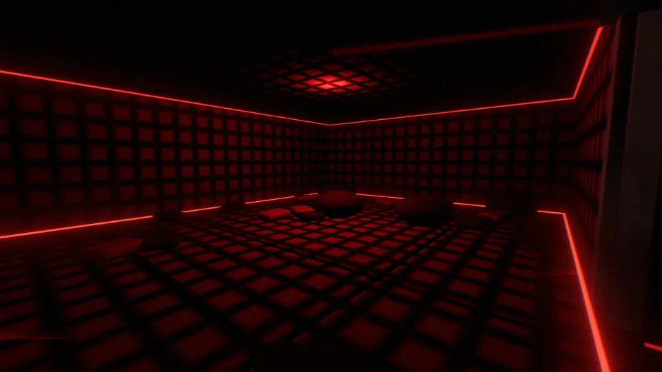 The padded room: quilted walls and mattresses in low red light.