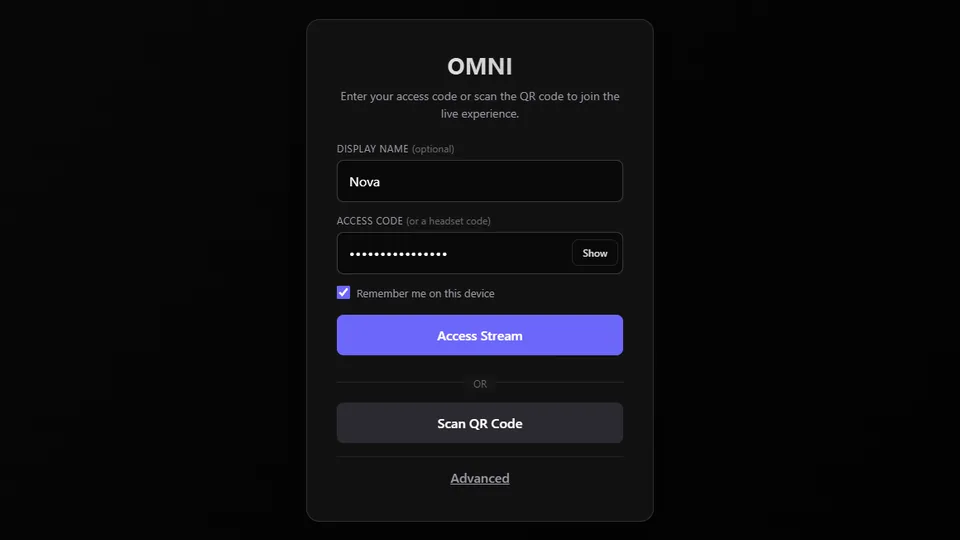 The join screen: a display name, an access code and a button to scan a QR code.