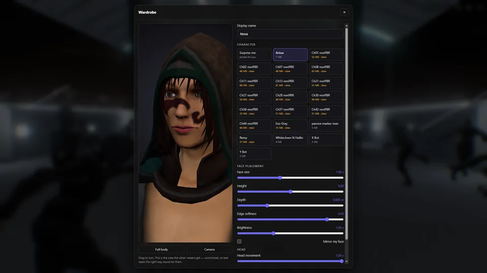 The wardrobe: a live 3D preview of a character and a grid of characters to choose from.